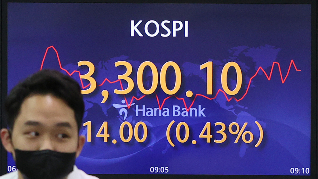 코스피가 사상 처음 3,300선을 돌파한 25일 오전 서울 중구 하나은행 본점 딜링룸 전광판에 코스피지수가 표시돼 있다.연합뉴스