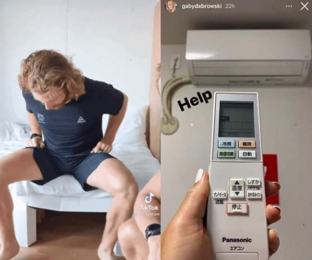 한 뉴질랜드 선수가 골판지 침대 끝에 앉자 틀이 찌그러지는 모습(왼쪽)을 SNS에 공개했다. 한 캐나다 선수는 선수촌 숙소 내 에어컨의 리모컨이 모두 일본어로 되어 있다며 SNS로 도움을 요청했다. 틱톡·인스타그램 캡처