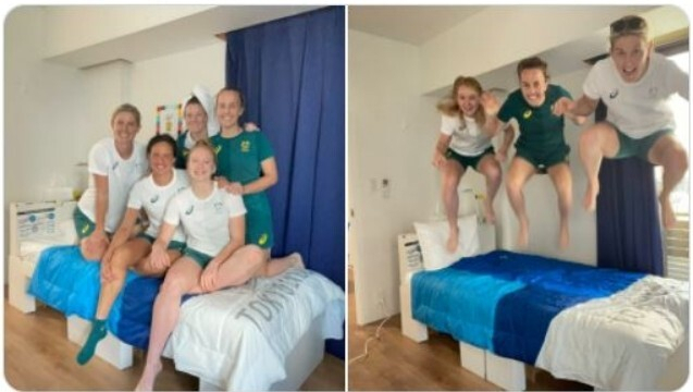 골판지 침대 내구성을 확인한 호주 하키 선수들. NSW 프라이드 트위터 캡처.