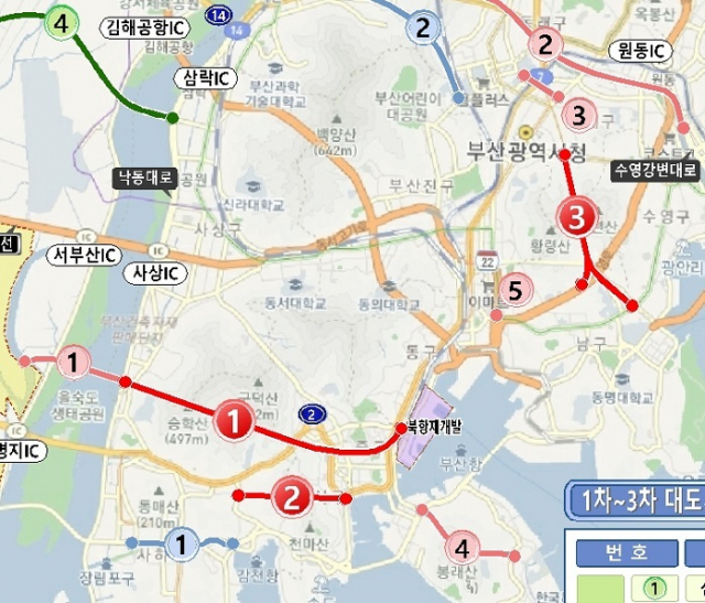 1번이 승학터널, 2번은 제2대티터널, 3번이 황령제3터널이다. 국토부 제공
