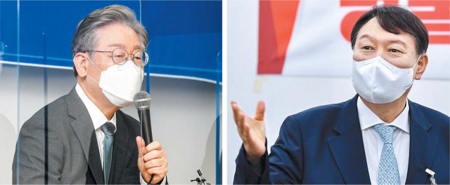 2일 대전시청에서 열린 ‘경기도-대전시 공동발전을 위한 정책 협약식’에서 발언하는 이재명(왼쪽) 경기지사와 이날 국회에서 열린 국민의힘 초선 공부모임 ‘명불허전 보수다 시즌5’ 초청 강연에 참석한 윤석열 전 검찰총장. 김종호 기자 kimjh@·연합뉴스