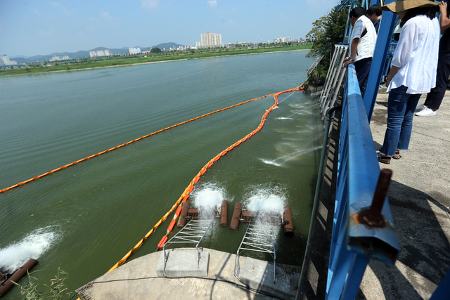 경남 함안군 칠서면에 있는 창원시 상수도사업소 칠서취수장 취수구 주변에 녹조유입을 방지하는 차단막, 수차 형태의 수면교란장치, 살수장치가 가동 중이다. 부산일보DB