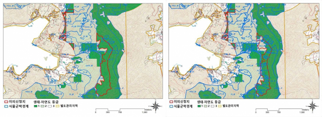 환경부 산하 국립생태원은 최근 홈페이지에 게재한 ‘거제남부관광단지’(남부면 탐포리 산 2-47 일대) 조성 대상지에 대한 ‘생태·자연도 수시 고시일부 수정·보완 열람’ 도면. 왼쪽이 작년 7월 고시 도면, 오른쪽이 이번에 수정된 도면이다. 붉은색 선이 거제시와 사업자가 이의를 제기한 구역으로, 7만㎡가 줄었다. 국립생태원 제공