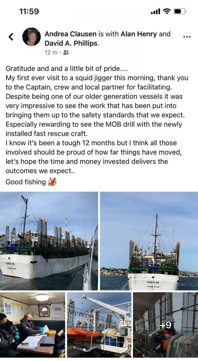 포클랜드 안드레아 수산청장이 아그네스 108호가 안전 규정을 잘 지켜 감사하다며 자신의 페이스북에 글을 남겼다. 한국원양산업협회 제공