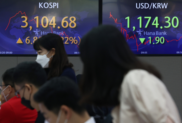 20일 명동 하나은행 본점 딜링룸 전광판에 실시간 코스피와 원달러 환율이 표시돼 있다. 연합뉴스