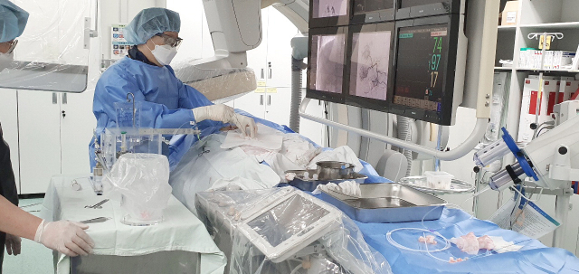 동남권원자력의학원 영상의학과 최현욱 주임과장이 간암 환자에게 방사선색전술을 시행하고 있다. 동남권원자력의학원 제공