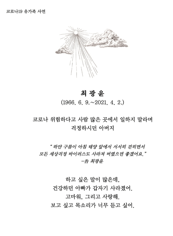The obituary of Kwang-yoon Choi by Hyesoo Park (Painting: Yu-jin Sung). Reported in the newspaper 2021. 5. 7. (Page 16) ⓒBUSANILBO, Hyesoo Park