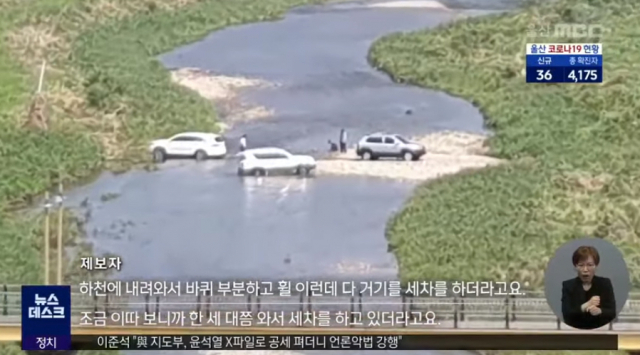 지난달 29일 울산 울주군 남창천에서 일부 차량이 하천 물을 이용해 세차하고 있다. MBC 방송화면 캡처
