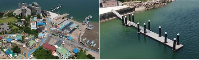 후포항 준공 사진(왼쪽부터 후포항 전경, 부유식 방파제(계류시설)). 해수부 제공