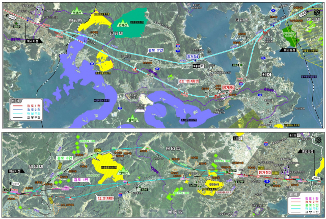 남부내륙철도 통영구간 노선도(위)와 고성군간 노선도(아래). 국토교통부 제공