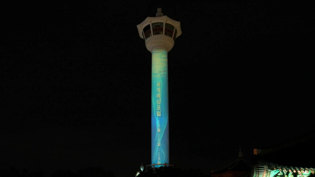 이달 20, 22일 용두산공원 부산타워에서 진행된 미디어 파사드 홍보. WOF 사무국 제공