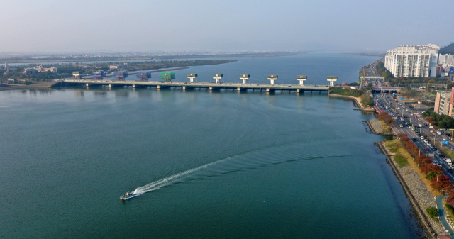 올해 상시 개방이 임박한 부산 사하구 하단동 낙동강 하굿둑의 모습. 1987년 낙동강 하구를 가로막으면서 바닷물과 강물이 만나는 기수역이 파괴돼 많은 생태계의 문제를 야기했다. 정종회 기자 jjh@