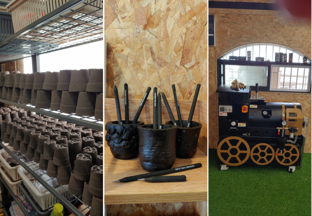 왼쪽부터 커피박을 활용해 만든 화분, 커피박을 재활용해 만든 연필, 커피박을 점토로 만들어 활용도를 높여주는 커피큐브의 '커피트레인' 기계. 남구자활센터 제공