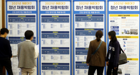 청년 채용박람회를 찾은 구직자들이 채용 게시판을 살펴보고 있다. 부산일보 DB