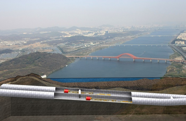 대곡～소사 복선전철 사업의 한강 아래를 통과하는 연장 2.7km의 쉴드TBM터널 개념도. 상하선을 합하면 연장이 5.4km에 이른다. 국가철도공단 제공