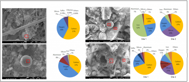 초미세먼지 샘플을 확대한 전자현미경 사진(A). 미세먼지 샘플에서 관찰된 탄소 입자(B), 철질 입자, 광물 알갱이(C), 다공성 탄소 입자들(D)의 전자현미경 사진과 구성성분 다이어그램. 지질자원연구원 제공