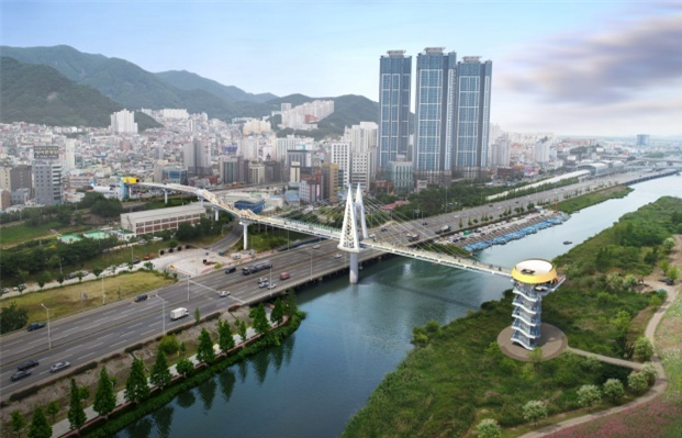 화명생태공원과 구포시장을 연결하는 보행교 ‘금빛노을브릿지’ 조감도. 부산시 제공