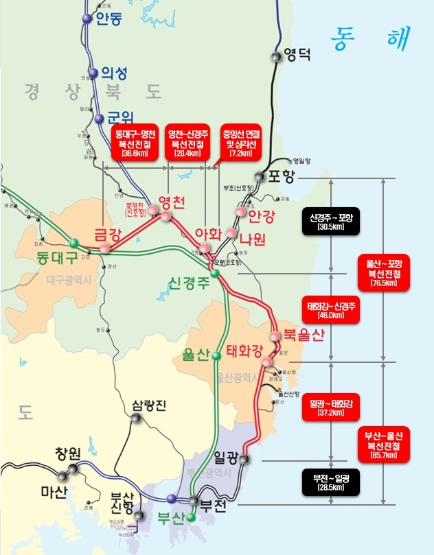 이달 말 개통되는 동해선과 중앙선 복선전철 구간. 붉은색으로 표시된 곳이 새로 개통하는 노선이다. 국가철도공단 제공