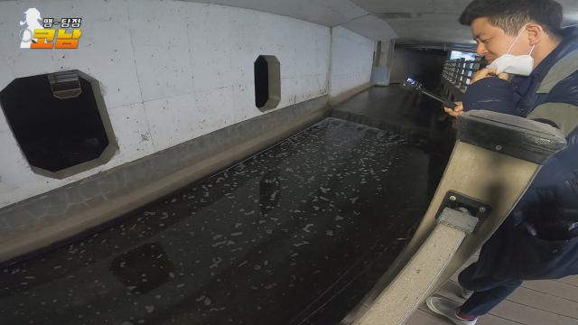 거품이 떠있는 하천에서는 하수구 냄새가 났다.