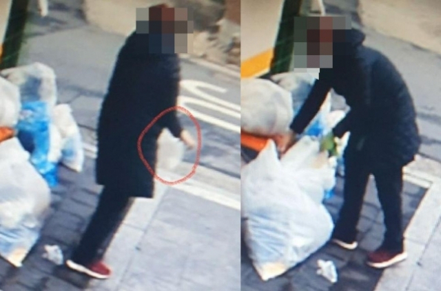 종량제 봉투에 담긴 쓰레기는 버리고 봉투만 훔쳐가는 모습. 사진은 보배드림 캡처