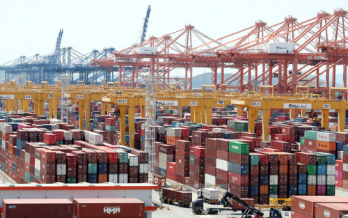 정부는 우리 경제가 내년에 3.1% 성장하고 소비·투자·수출이 골고루 늘면서 정상 궤도로 복귀해 빠른 회복세를 이어갈 것으로 전망했다. 컨테이너 화물로 가득한 부산항 신항 전경. 부산일보DB