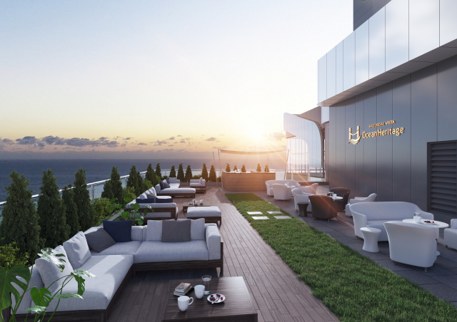 하이엔드 생활형숙박시설을 표방하는 ‘해운대비스타오션헤리티지’의 인피니티풀과 최고층 루프탑 멀티라운지 등 고품격 커뮤니티 시설 조감도. 동원개발 제공