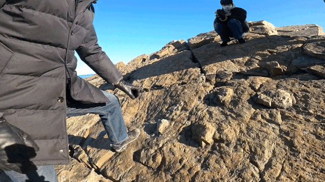 부경대 백인성 교수가 신평소공원 공룡 보행렬에 대해 설명하고 있다.