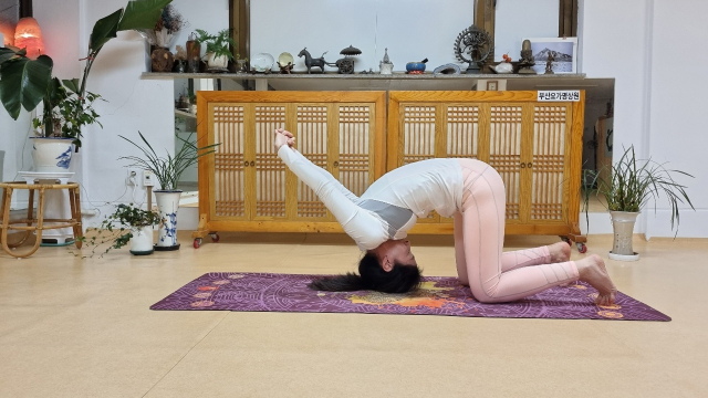 ‘토끼 자세’(사상카 아사나)는 고요하고 평화로운 모습을 상징한다. 승모근의 경직을 이완시켜 주며 뒷목이나 어깨 결림에 효과적이다. 시연 박은진.