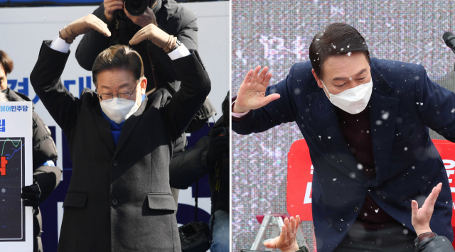 더불어민주당 이재명 대선후보(왼쪽)와 국민의힘 윤석열 대선 후보가 선거 유세 하는 모습. 국회사진기자단·연합뉴스