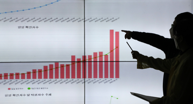 코로나19 신규 확진자 수가 이틀째 9만 명대를 기록하며 오름세를 이어간 17일 부산시청 재난상황실 모니터에 확진자 수가 표시되고 있다. 강선배 기자 ksun@