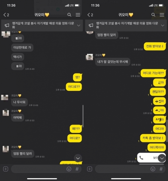 여대생 A 씨 유족이 사고 전 A 씨가 남자친구와 나눈 대화라며 공개한 사진. 청와대 국민청원 게시판