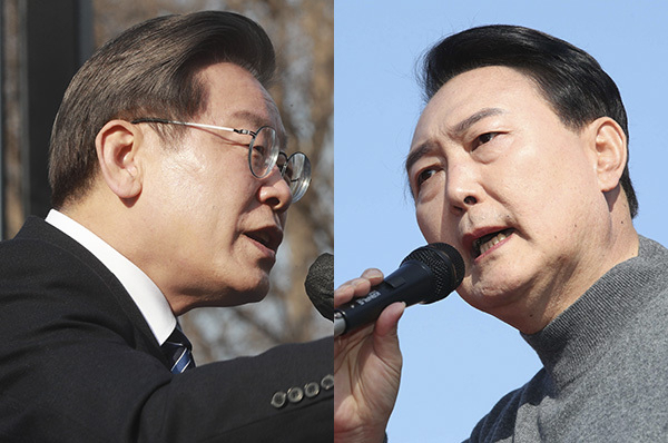 더불어민주당 이재명 대선후보가 7일 대구시 두류공원 내 2.28 기념탑 앞에서 열린 '대구경북 대전환! 대구가 바뀌면 대한민국이 바뀝니다' 대구 유세에서 지지를 호소하고 있다. 국민의힘 윤석열 대선 후보가 8일 제주시 동문시장 일대에서 열린 ‘제주와 함께 승리합니다’ 제주도 거점유세에서 연설하고 있다. 연합뉴스