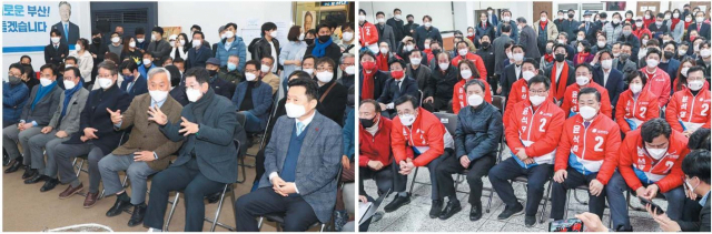 제20대 대통령선거일인 9일 더불어민주당 박재호 부산시당 위원장 등 시당 관계자들이 연제구 부산시당사에서 방송사 출구조사 결과를 지켜보고 있다(왼쪽). 국민의힘도 이날 백종헌 시당위원장과 의원들이 수영구 시당사에서 긴장된 분위기 속에 개표 방송을 지켜봤다. 정종회·김종진 기자 jjh@