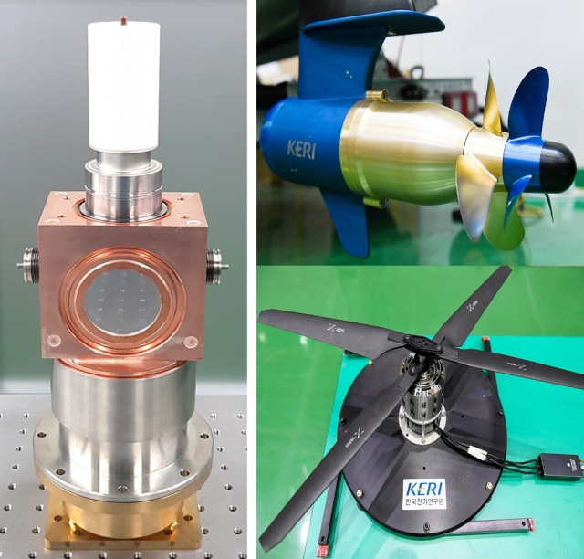 한국전기연구원(KERI) 대표 전시물인 '고출력 MW급 마그네트론'(왼쪽) 및 '비접촉 마그네틱 기어 기반 상반회전 프로펠러'(오른쪽). KERI 제공