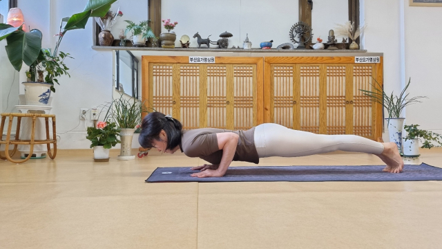 인간은 직립보행을 하게 되면서 사지(四肢)에 고르게 나누어 실리던 무게 중심이 두 발에 불안정하게 쏠리면서 숱한 근골격계 질환을 앓게 되었다. 차투랑가 단다 아사나는 이를 극복하는 좋은 운동법이다. 시연 박미희.