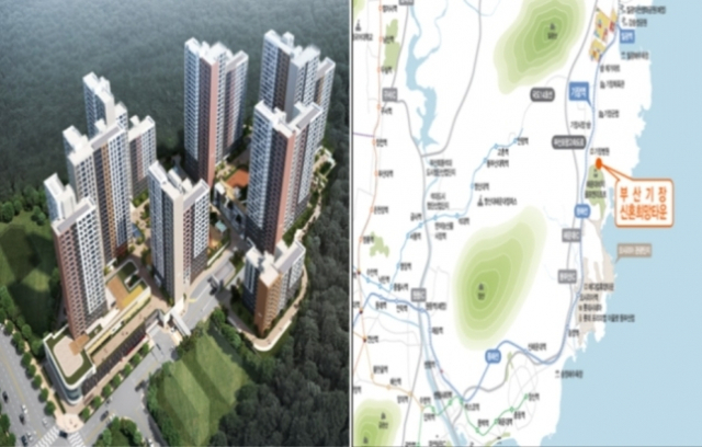부산 기장군 신혼희망타운 조감도 및 위치도.