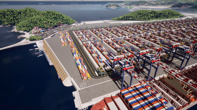 BIM 통합플랫폼에서 공사 중 드론 촬영정보 확인하는 화면(사진 위). 공사 완료 예상모습을 확인하는 화면(가운데). 신항 서컨테이널터미널 BIM 모델 조감도(아래). 해수부·KMI 제공