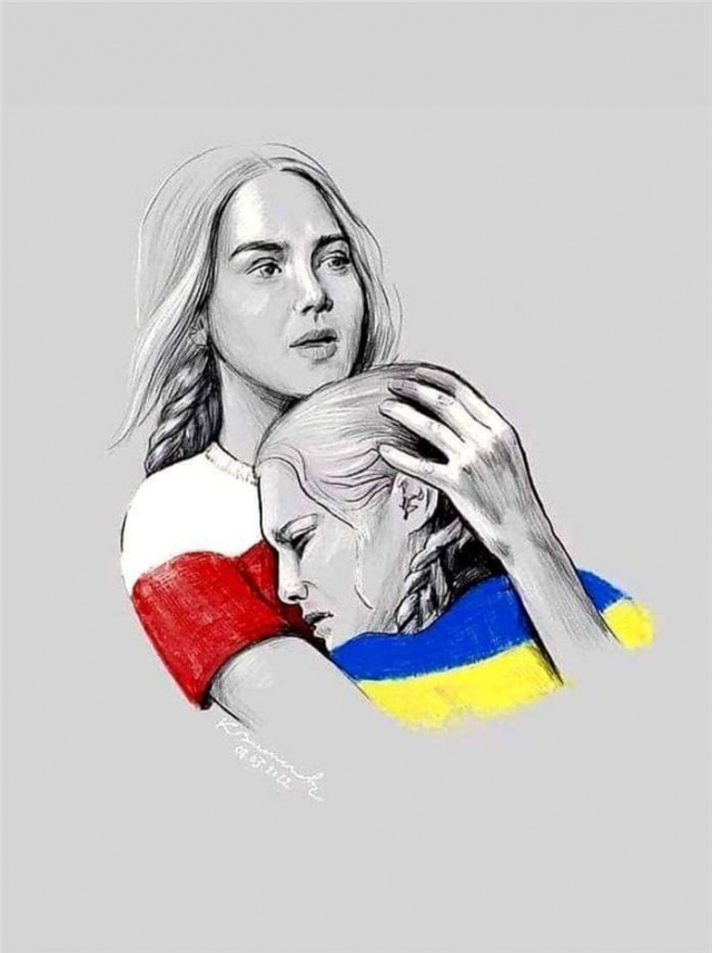 필자가 페이스북에 올린, 폴란드인과 우크라이나인들의 연대를 상징하는 한 작가의 그림. 그라지나 슈브리친스카 제공