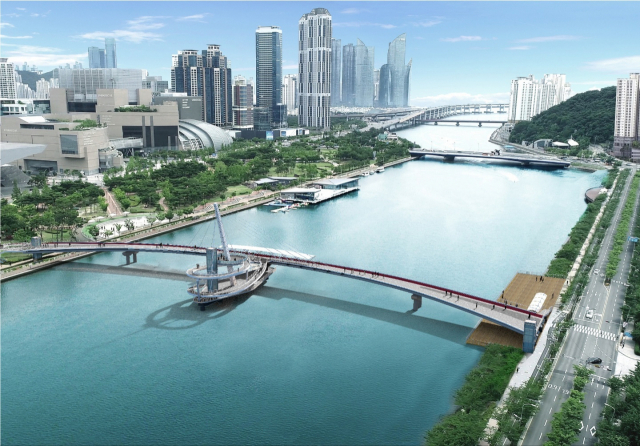 부산 해운대구 영화의전당과 수영구 주거지를 잇는 보행 전용 교량 ‘수영강 휴먼브릿지’ 조감도. 수영강 휴먼브릿지는 올 하반기 착공에 들어가 2025년 8월 준공될 예정이다. 부산시 제공