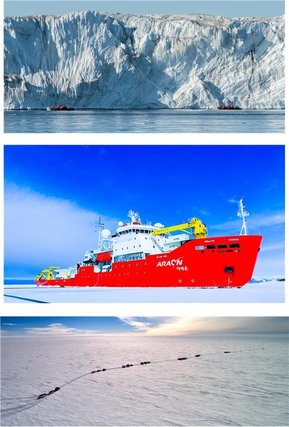 (상단) 장보고과학기지 인근 해양 정점 조사. (중앙) 쇄빙연구선 아라온호. (하단) K-루트 개척 장면. 해수부 제공