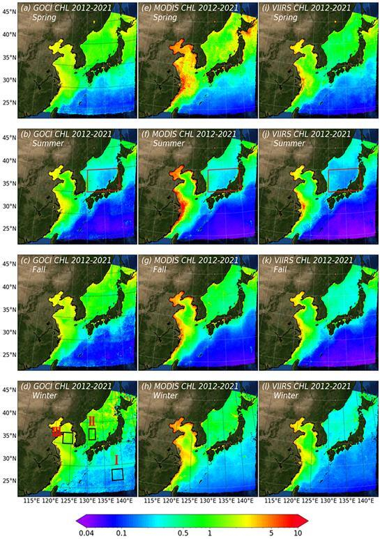 그림1. 2012년~2121년 동안 GOCI, MODIS, VIIRS 위성에서 얻어진 클로로필-a 농도의 계절 기후값. KIOST 제공