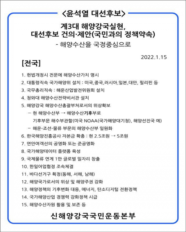 신해양강국국민운동본부(해국본) 등 전국 해양수산단체가 지난 1월 15일 오전 11시 부산에서 개최한 ‘전국해양수산인 비전대회’ 당시 초청자인 윤석열 국민의힘 대선 후보에게 전달한 해양수산 공약(정책 건의·제안) 내용. 해국본 제공