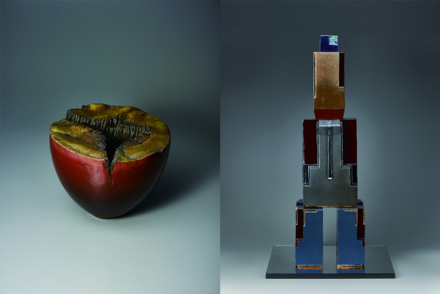 홍찬효의 '흔적'(왼쪽)과 홍민수 '탑 이미지'. 갤러리조이 제공