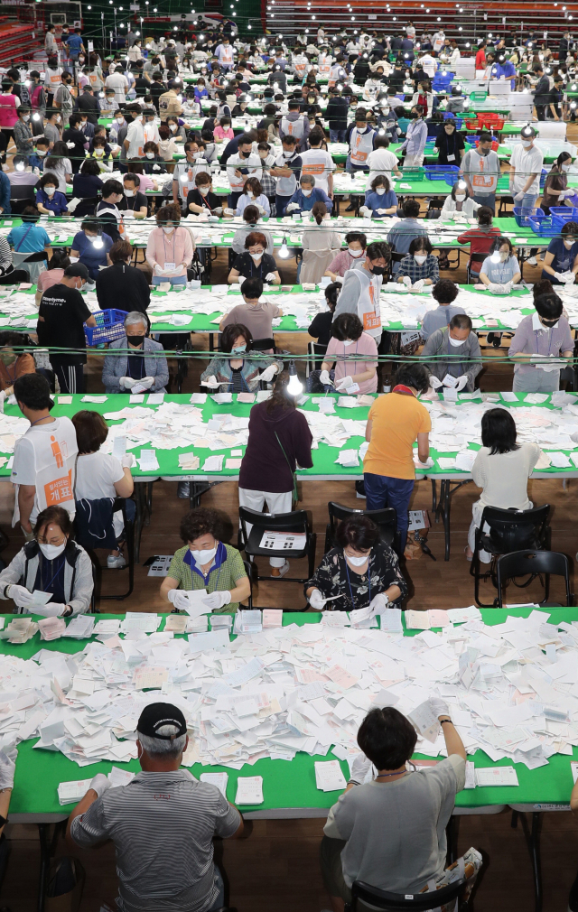 부산의 여야 정치권이 2026년 지방선거와 2027년 대선을 겨냥한 정치 행보에 나섰다. 사진은 2022년 지방선거 당시 부산 사직실내체육관에 마련된 개표소에서 개표사무원들이 개표작업을 벌이는 모습. 부산일보 DB