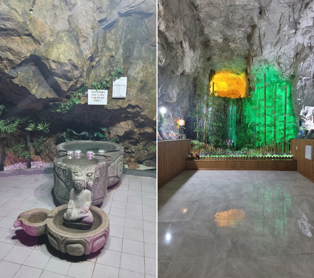 자수정 동굴나라에 있는 자수정 암반수(왼쪽)와 뜨끈한 온돌 쉼터.