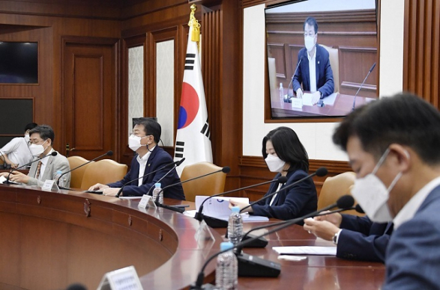 방기선 기획재정부 차관이 13일 서울 종로구 정부서울청사에서 열린 '경제 형벌규정 개선 TF 출범회의'를 주재하며 모두발언을 하고 있다. 이날 회의는 정부세종청사와 화상회의롤 열렸다. 기재부 제공