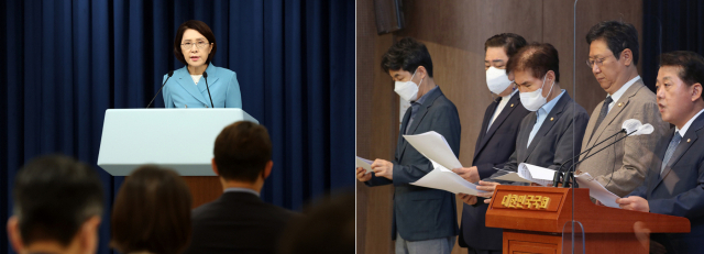 13일 오전 서울 용산 대통령실 브리핑룸에서 강인선 대변인이 ‘북송 탈북 어민 사진’과 관련해 브리핑을 하고 있다. 더불어민주당 김병주 서해 공무원 사망사건 TF 단장도 이날 국회 소통관에서 ‘흉악 범죄 북한 주민 북송 관련 팩트체크’ 기자회견을 하고 있다. 김종호 기자 kimjh@·연합뉴스