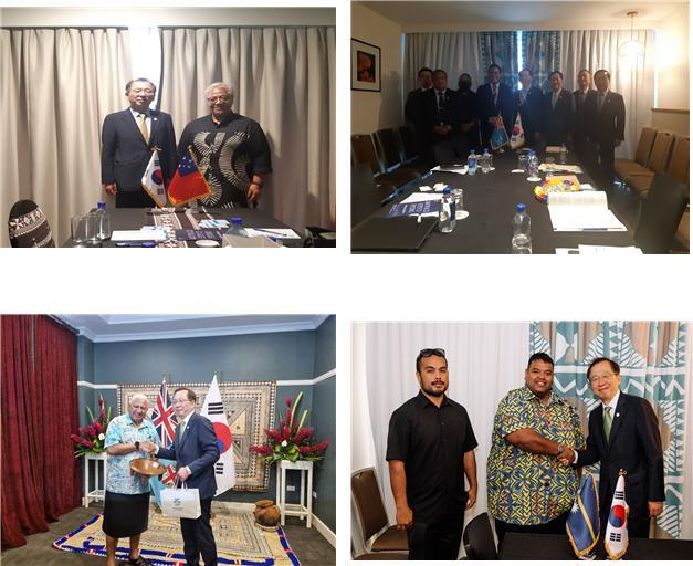 대통령 특사 자격으로 태평양도서국포럼이 열린 피지 수바를 방문한 조승환 해양수산부 장관이 지난 10~13일 나흘간 사모아, 투발루, 피지, 팔라우 등 10개국 최고위급 인사를 차례로 만나 2030부산세계박람회 유치에 대한 지지를 강력히 요청했다. (왼쪽 상단부터 시계방향으로) 사모아 총리 면담, 투발루 외교장관 면담, 나우루 대통령 특사 면담, 피지 총리 면담. 해수부· 제공(왼쪽 상단부터 시계방향으로) 사모아 총리 면담, 투발루 외교장관 면담, 나우루 대통령 특사 면담, 피지 총리 면담. 해수부·부산시 제공