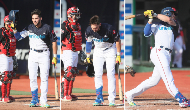 롯데 자이언츠 새 외국인 타자 잭 렉스가 입국 사흘 만에 홈 팬들에게 첫선을 보였다. 24일 사직야구장에서 열린 KIA 타이거즈와의 경기에 선발 출전한 렉스가 2회말 첫 타석에서 홈 관중에게 한국식 목례로 인사한 뒤 타격하고 있다. 롯데 자이언츠 제공