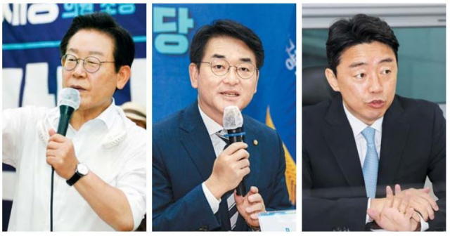 더불어민주당 당권 주자 3명이 컷오프 통과 후 첫 주말인 31일 바쁜 일정을 소화했다. 대구 엑스코에서 시민 토크쇼를 하는 이재명, 대구시당에서 기자간담회를 하는 박용진, 국회 의원회관에서 기자간담회를 하는 강훈식 의원(기호순). 김종호 기자·연합뉴스